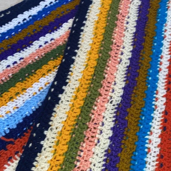 Vintage! Handmade Crochet Stripe Reversible Blanket 63” by 50” - Picture 2 of 11